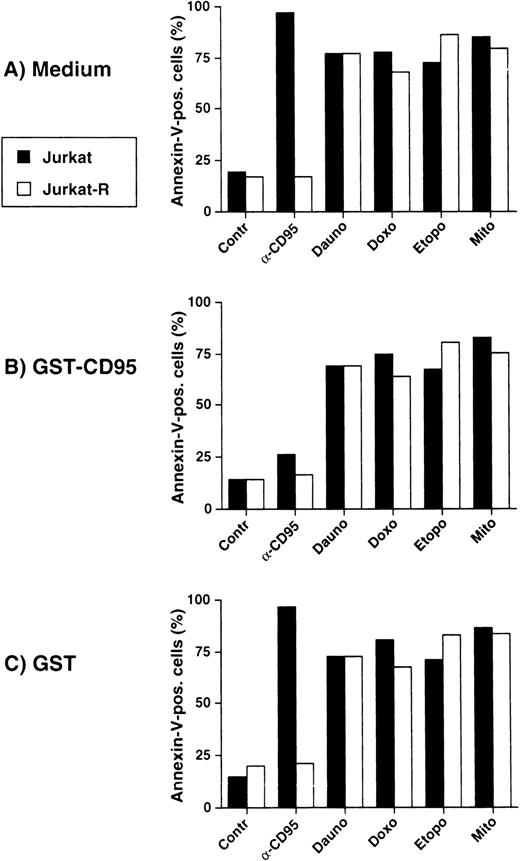 Fig. 3. Inhibition of CD95 signaling does not affect antitumor drug-mediated cell death. Jurkat (▩) or Jurkat-R () cells (3 × 104 per well) were preincubated with (A) medium, (B) GST-CD95 (100 μg/mL), or (C) GST (100 μg/mL) for 1 hour, and then treated with either anti-CD95 (20 ng/mL), daunorubicin (Dauno; 5 μg/mL), doxorubicin (Doxo; 1 μg/mL), etoposide (Etopo; 25 μg/mL), or mitomycin C (Mito; 25 μg/mL). Apoptosis was assessed after 24 hours by measuring phosphatidylserine exposure by annexin-V-FITC-staining and flow cytometry.