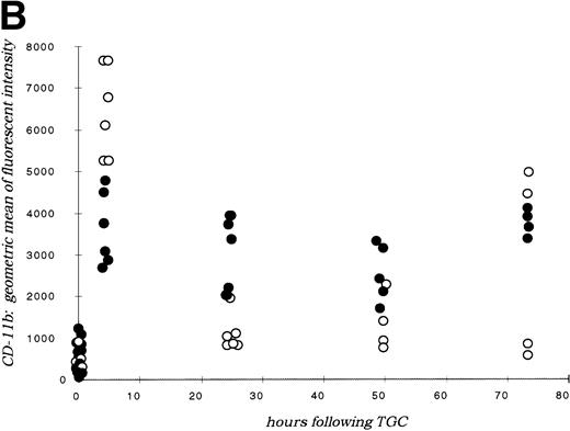 Fig. 2. (A) Neutrophil migration into the peritoneal cavity after thioglycollate challenge. At indicated time points after intraperitoneal thioglycollate injection, peritoneal cells were harvested by lavage, counted, and cytospins stained for differential counting. Results are represented graphically, showing the migration of neutrophils into the peritoneal cavity over time after thioglycollate stimulus. (○) Represent wild-type neutrophils; (•) represent C/EBPɛ-deficient neutrophils. An asterisk (*) indicates significantly increased numbers of wild-type neutrophils at 4 hours, compared with C/EBPɛ-deficient neutrophils (P < .001, Mann Whitney U). (B) CD11β expression on peritoneal neutrophils after thioglycollate challenge. Mice received thioglycollate intraperitoneally, and neutrophils were harvested at indicated time points. Cells were doubly stained with Gr-1(FITC) and CD11b(PE) and assessed by flow cytometry. Results are represented graphically, by geometric mean of fluorescent intensity. (○) Represent wild-type neutrophils; (•) represent C/EBPɛ-deficient neutrophils. CD11β staining is significantly decreased on C/EBPɛ-deficient neutrophils compared with wild-type cells (P < .004, Mann Whitney U) at 4 hours. By 24 hours, however, CD11β staining is more intense on C/EBPɛ-deficient cells (P < .004), compared with wild-type. CD11b staining of peripheral blood neutrophils is shown at time = 0. (C) CD11b expression on PMA-stimulated peripheral blood neutrophils. Peripheral blood neutrophils were stimulated with PMA, stained with -Gr-1 (PE) and -CD11b (FITC), and examined by flow cytometry. Results are represented by box and whisker graph, showing mean, standard deviation, and standard error of fluorescent intensity. (▪) Represent wild-type neutrophils, gray boxes represent C/EBPɛ-deficient neutrophils. (D) L-selectin (CD62L) expression on peritoneal neutrophils after thioglycollate challenge. Peritoneal lavage cells were harvested at indicated time points and doubly stained with Gr-1(FITC) and anti-mouse CD62L(PE) and assessed by flow cytometry. Results are represented graphically, by geometric mean of fluorescent intensity. (○) Represents wild-type neutrophils; (•) represents C/EBPɛ-deficient neutrophils. Circles graphed at 0 hours represent data obtained from circulating neutrophils from nonchallenged mice (P < .001, Mann Whitney U). L-selectin staining is significantly increased on C/EBPɛ-deficient neutrophils compared with wild-type cells (P< .04, Mann Whitney U) at 4 hours. By 24 hours, however, L-selectin expression is higher on wild-type neutrophils (P < .02, Mann Whitney U) compared with C/EBPe-deficient neutrophils.
