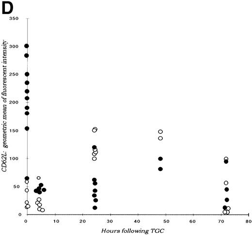 Fig. 2. (A) Neutrophil migration into the peritoneal cavity after thioglycollate challenge. At indicated time points after intraperitoneal thioglycollate injection, peritoneal cells were harvested by lavage, counted, and cytospins stained for differential counting. Results are represented graphically, showing the migration of neutrophils into the peritoneal cavity over time after thioglycollate stimulus. (○) Represent wild-type neutrophils; (•) represent C/EBPɛ-deficient neutrophils. An asterisk (*) indicates significantly increased numbers of wild-type neutrophils at 4 hours, compared with C/EBPɛ-deficient neutrophils (P < .001, Mann Whitney U). (B) CD11β expression on peritoneal neutrophils after thioglycollate challenge. Mice received thioglycollate intraperitoneally, and neutrophils were harvested at indicated time points. Cells were doubly stained with Gr-1(FITC) and CD11b(PE) and assessed by flow cytometry. Results are represented graphically, by geometric mean of fluorescent intensity. (○) Represent wild-type neutrophils; (•) represent C/EBPɛ-deficient neutrophils. CD11β staining is significantly decreased on C/EBPɛ-deficient neutrophils compared with wild-type cells (P < .004, Mann Whitney U) at 4 hours. By 24 hours, however, CD11β staining is more intense on C/EBPɛ-deficient cells (P < .004), compared with wild-type. CD11b staining of peripheral blood neutrophils is shown at time = 0. (C) CD11b expression on PMA-stimulated peripheral blood neutrophils. Peripheral blood neutrophils were stimulated with PMA, stained with -Gr-1 (PE) and -CD11b (FITC), and examined by flow cytometry. Results are represented by box and whisker graph, showing mean, standard deviation, and standard error of fluorescent intensity. (▪) Represent wild-type neutrophils, gray boxes represent C/EBPɛ-deficient neutrophils. (D) L-selectin (CD62L) expression on peritoneal neutrophils after thioglycollate challenge. Peritoneal lavage cells were harvested at indicated time points and doubly stained with Gr-1(FITC) and anti-mouse CD62L(PE) and assessed by flow cytometry. Results are represented graphically, by geometric mean of fluorescent intensity. (○) Represents wild-type neutrophils; (•) represents C/EBPɛ-deficient neutrophils. Circles graphed at 0 hours represent data obtained from circulating neutrophils from nonchallenged mice (P < .001, Mann Whitney U). L-selectin staining is significantly increased on C/EBPɛ-deficient neutrophils compared with wild-type cells (P< .04, Mann Whitney U) at 4 hours. By 24 hours, however, L-selectin expression is higher on wild-type neutrophils (P < .02, Mann Whitney U) compared with C/EBPe-deficient neutrophils.