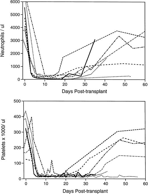 Fig. 4. Pattern of hematological reconstitution in the lethally irradiated, transplanted baboons. Complete blood counts were performed on the animals before irradiation to establish baseline values at 24- to 72-hour intervals after completion of myeloablation, and biweekly after engraftment and removal from the tether system when applicable. Differential counts of 100 nucleated peripheral blood cells, where possible, were performed to determine the ANC. The initial 60-day course of the seven animals’ ANCs are depicted in the upper panel and platelet counts in the lower panel. PA6216 () received no graft; PA6126 (- - - - - ) and PA6594 (•••••) received a suboptimal number of mononuclear marrow cells; PA6592 (— — — ) received a sufficient mononuclear marrow cell graft; PA6245 (--------- ) was infused with a sufficient number of selected, unexpanded CD34+ marrow cells; PA6156 (-•-•-•-•- ) and PA6188 (—•—•— ) were given grafts composed of the cellular product of CD34+ marrow cells expanded for 10 days in PMVEC coculture.