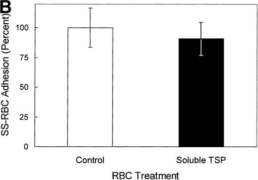 Fig. 5. Soluble TSP does not bind SS-RBCs. Washed SS-RBCs were incubated with purified TSP (1.4 mg/mL) in the presence of 1 mmol/L Ca2+ for 30 minutes, 37°C. Treated RBCs were incubated with the nonblocking anti-TSP MoAb A4.1 (SS1 + TSP, SS2 + TSP), isotype-specific control MoAb MBC 45.7 (Control), or a positive control MoAb directed against glycophorin C (glycophorin C), followed by FITC-conjugated anti-mouse MoAb, and bound TSP detected by flow cytometry. The above data are representative of six separate experiments. (B) Washed SS-RBCs were incubated with purified soluble TSP (100 μg/mL) for 30 minutes at 37°C before performing the flow adhesion assay over immobilized TSP as described above (N = 3).