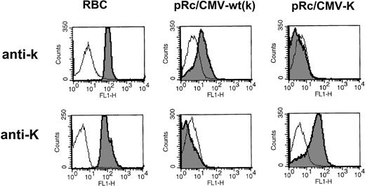 Fig. 1. Expression analysis of K/k polymorphism. Flow cytometric analysis of 293T cells transiently transfected either with the wild-type Kell cDNA construct (pRc/CMV-wt) encoding the high incidence antigen k or with the Kell cDNA encoding the C698T mutation associated with K antigen (pRc/CMV-K). Antigen-positive RBCs were tested in parallel to control for antibody specificity. Alloimmune sera used were anti-k (GUE) and anti-K (6735416). The results are depicted as overlays of open histograms to represent negative control mock/RBCs and shaded histograms, representing positive control RBCs or transfected cells. Mean fluorescence intensity (as a measure of antibody binding) in log scale is on the x-axis and the relative number of cells is represented on the y-axis.
