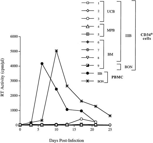 Fig. 5. CD34+ progenitor cells are not able to productively sustain X4 HIV-1 infection. The UCB-, BM-, and MPB-derived CD34+ cells were incubated for 1 hour with the HIV-1LAI/IIIB strain of HIV-1 virus at the m.o.i. of 1. BM cells were infected with BON primary isolate diluted 1/30 (exp. 9). In exp. 5, MPB CD34+ cells were sorted for the presence of both CD4 and CXCR4 and cultured for 24 hours before infection, as indicated in Materials and Methods. After infection, cells were washed twice and plated in a 48-well plate. Culture supernatants were harvested every 3 days and the particles production was monitored by RT activity. A kinetic of HIV-1 IIIB replication in PBMC is shown as control of the HIV-1LAI/IIIB and BON infectivity.