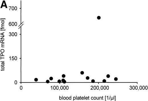Fig. 6. Constitutive TPO gene expression in the human fetus. No correlations were found between the total TPO mRNA amount expressed in liver, kidney, and spleen (in fmol per individual) and (A) blood platelet count (in cells per microliter); (B) serum TPO concentration (in pg/mL); (C) gestational age (in weeks). Total TPO mRNA was calculated from the TPO mRNA concentration per gram tissue and the organ weight as the sum of the TPO mRNA amount of liver, kidneys, and spleen. TPO mRNA produced in lung and bone marrow was not included because the organ weights could not be determined.