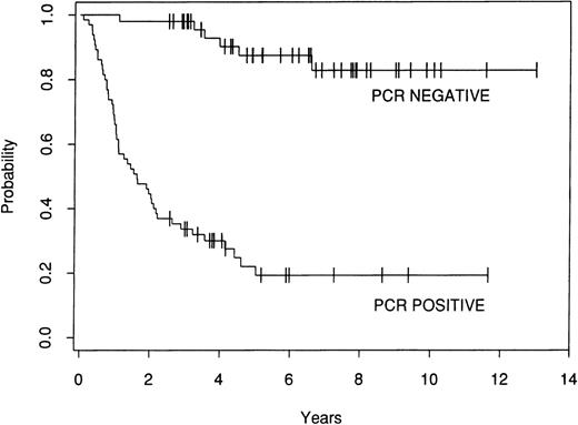 Fig. 3. Kaplan-Meier estimate of FFR after ABMT for 113 informative patients who were either PCR− or PCR+ after ex vivo purging.