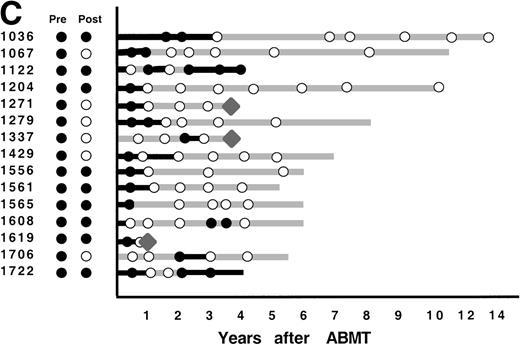 Fig. 4. PCR analysis of BM samples before and after BM purging (left) and after ABMT (right) in 101 informative patients with t(14;18). Patients were grouped according to follow-up BM PCR results. (A) Patients in whom all post-ABMT follow-up BM samples were PCR−. (B) Patients in whom all post-ABMT follow-up BM samples were PCR+. (C) Patients in whom all post-ABMT follow-up BM samples were both PCR+ and PCR−. (•) PCR+ results; (○) PCR−results; (⧫) relapse. Solid lines indicate continuous PCR+ results and shaded lines indicate continuously PCR− results.