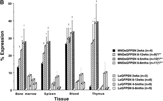 Fig. 4. eGFP expression in lineages. eGFP expression is shown for B lymphocytes (A) and T lymphocytes (B) in bone marrow, spleen, blood, and thymus from recipients of MNDeGFPSN-transduced and LeGFPSN-transduced (data for negative control LN not shown) bone marrow. Animals were killed and analyzed 2 weeks, 8 to 12 weeks, 4 to 5 months, and 6 to 8 months after BMT. Values for the percentage of cells showing expression were calculated by dividing the number of expressing lin+ cells by the total number of lin+ cells and are given as the mean ± standard error of the mean. n is the number of animals analyzed for each time point and vector. * and ** mark differences in the percentage of cells showing expression between MNDeGFPSN and LeGFPSN that are statistically significant (*P < .05 and **P < .005).
