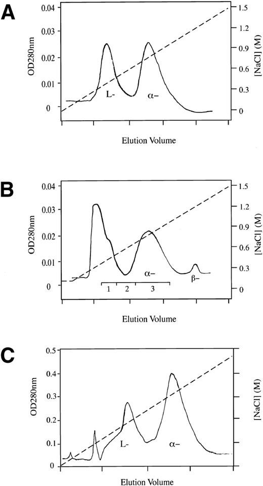 Fig. 2. Heparin-Sepharose affinity chromatography. Three results are aligned but that in (C; adapted and reprinted with permission from Chang and Harper12) was performed using a different affinity heparin and consequently has noncomparable elution concentrations. (A) Chromatography of the slow component (lane 4, Fig1A) gives a result identical to that obtained with a crystal of the heterodimer,16 with separation into equivalent peaks of -antithrombin and latent antithrombin. (B) Elution profile of antithrombin from plasma incubated for 72 hours at 37°C. The first peak, including fraction 1, had no thrombin-inhibitory activity. (Reprinted with permission.12) (C) Previous larger scale heparin-Sepharose chromatography of a pasteurized commercial concentrate of antithrombin.12 The inactive L (latent) forms make up 40% of the total antithrombin, but the presence of additional peaks reinforces other unpublished evidence that the latent transition may also involve minor stable intermediate forms. All of these forms apparently dimerize, as shown by the single band with dimer mobility on electrophoresis of the concentrate (Fig 3CII).