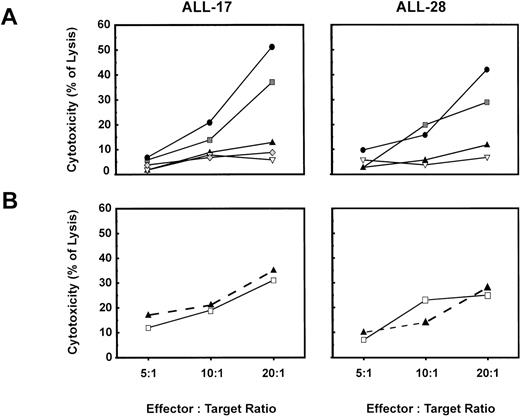 Fig. 4. T cells that migrated through endothelium are capable of lysing autologous leukemia cells. (A) Anti–leukemia-specificity of input cells was assessed by using as targets primary autologous leukemia cells (▩), autologous CD40-stimulated leukemia cells (•), autologous PHA blasts (▴), allogeneic CD40-stimulated leukemia cells (▵), and K562 cells (⧫). Target cells were labeled with DiOC18(3) and used at the effector/target ratios displayed. (B) Migrated T cells were recovered after the 6-hour chemotaxis assay and used for the cytotoxicity assay. Primary leukemia cells were labeled with DiOC18(3) and used as targets at the effector/target ratios displayed. Input cells (▴) and T cells that migrated through BMEC (□) were compared as effectors. Cell-mediated cytotoxicity was measured by flow cytometry as described in Materials and Methods.