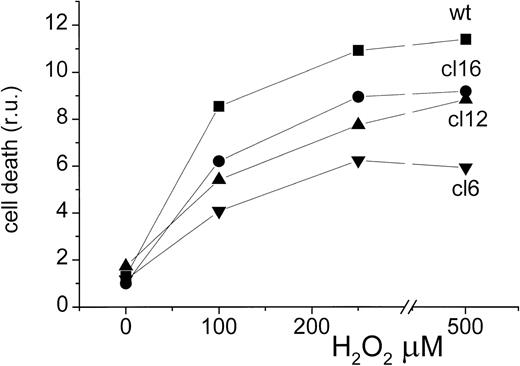 Fig. 2. ROS-induced cell death. The various MEL clones were treated with H2O2 for 20 minutes at room temperature and analyzed by FACS for viability (by propidium iodide) 48 hours later. Data are given in terms of units of fluorescence (= % dead cells) per total number of cells (live + dead) for one out of four independent experiments. ANOVA paired analysis for n = 4 set of data points at each H2O2 concentration were significantly different at P < .01 for all data analyzed.