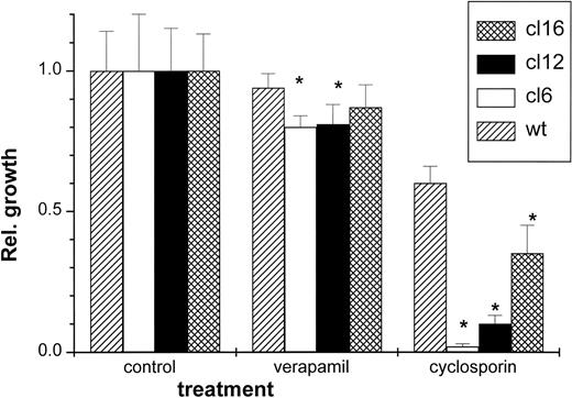 Fig. 7. Differential susceptibility of H-FT–transfected MEL clones to blockers of the PgP (MDR1) transporter. The various MEL clones were exposed to 20 μmol/L of verapamil or 5 μmol/L cyclosporin and assayed for metabolic activity 24 hours later by the Alamar Blue method, as described in Fig 3. The fluorescence intensity relative to the untreated control of each clone is depicted as a function of the treatment (± SE, n = 3), with * denoting statistically significant differences from control.