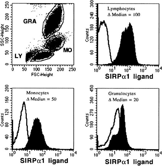 Fig. 7. Binding of biotinylated SIRP1ex to PB cells. Mononuclear PB cells were incubated for 30 minutes with biotinylated SIRP1ex protein and labeled with SA-PE. Histograms show binding of biotinylated SIRP1ex to gated lymphocytes (LY), monocytes (MO), or granulocytes (GRA), analyzed on a FACSCalibur flow cytometer. Results are presented as the ▵ median fluorescence intensity of the biotinylated SIRP1ex signal (filled histogram) versus the control signal (black line), where biotinylated GST was used (n = 6).