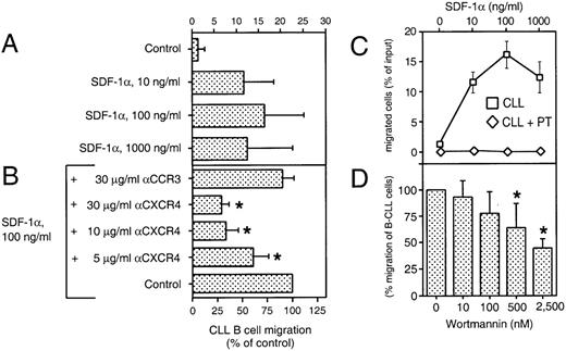 Fig. 4. SDF-1 induces chemotaxis in CLL B cells. (A) Blood lymphocytes from 16 CLL patients were assayed in the bare filter chemotaxis assay for migration to buffer (control) or different concentrations of SDF-1. Input and transmigrated cells were stained with anti-CD19 and anti-CD3 MoAbs to determine the percentages of the input CLL B cells that migrated into the chambers. The bars represent the mean values (±SD) for the migration of CLL B cells from 16 different patients. (B) For antibody inhibition, CLL PBMC were preincubated with different concentrations of MoAbs against the chemokine receptors CXCR4 (12G5) or a control MoAb directed against the chemokine receptor CCR3 (7B11) before addition to the chemotaxis assay. The controls were preincubated in buffer alone. Results indicate the relative migration compared with control samples migrating to 100 ng/mL SDF-1 (100%) and represent the mean values ± SD of 2 experiments with CLL B cells from 4 different patients. The stars indicate statistically different values, compared with the controls withP values < .05. (C) SDF-1 attracts CLL B cells by a pertussis toxin-sensitive mechanism. The migration of CLL B cells is completely blocked by pretreatment with 200 ng/mL pertussis-toxin (PT, diamonds). Data represent the mean values ± SEM of CLL B from 16 CLL B patients for the chemotaxis assays (boxes) and 4 different CLL samples for pertussis-toxin treatment (diamonds). (D) Migration of B-CLL cells is partially inhibited by Wortmannin, as selective inhibitor of PI-3 kinase. CLL cells were pretreated with 10, 100, 500, and 2,500 nmol/L concentrations of Wortmannin and subject to the chemotaxis assay in the presence of 100 ng/mL SDF-1. The bars represent the mean values (±SD) for migration of Wortmannin-treated B-CLL cells (n = 6), relative to the migration without the inhibitor. The stars indicate statistically different values, compared with the controls with P values < .05.