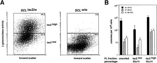 Fig. 8. Enrichment for myeloid and erythroid CFCs in the lacZhigh fraction of fetal livers fromSCLlacZ/w mice. (A) Representative FACS profiles of forward scatter plotted against β galactosidase activity (measured as fluorescence) for FACS-Gal–labeled E12.5 fetal liver cells fromSCLlacZ/w and SCLw/w embryos. Sort windows and the percentage of cells in each window are shown for lacZlow and lacZhigh fractions for each genotype. (B) Frequency of d2 CFU-E and d7 BFU-E and myeloid (GM) CFC in cultures of unsorted and sorted fetal liver fractions fromSCLlacZ/w mice cultured in Epo (for d2 CFU-E) or IL-3/Epo (for d7 BFU-E and GM-CFC). Values represent the mean ± SD from replicate cultures of 10 fetal livers from 3 litters of embryos. The percentage of fetal liver cells, which were sorted into each fraction, is indicated.