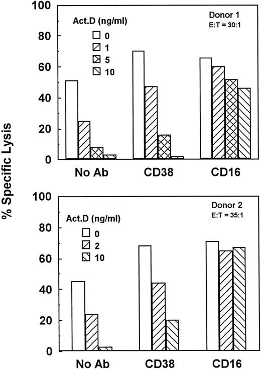 Fig. 5. Gene transcription is required for the induction of natural cytotoxicity and CD38-dependent lysis. PBLs from 2 separate donors were activated for 3.5 days in medium containing 200 U/mL IL-2 and the indicated concentrations of actinomycin D. Cells were then tested for the ability to mediate natural cytotoxicity (No Ab) or cytotoxicity directed by anti-CD38 or anti-CD16 MoAbs.
