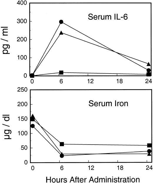 Fig. 6. Early acute-phase indicators after administration of AVC3FIX5. Upper panel depicts serum IL-6 cytokine levels. Bottom panel depicts serum iron levels. (▪) Low-dose; (•) intermediate-dose; (▴) high-dose.