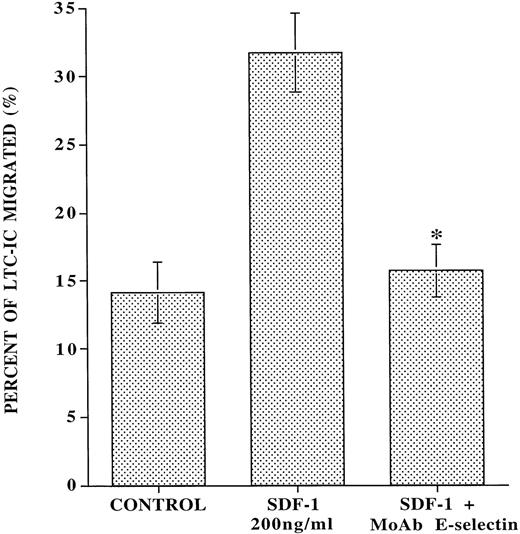 Fig. 6. MoAb to E-selectin inhibits the SDF-1–induced transmigration of LTC-IC through IL-1β–activated endothelial monolayer. Ten thousand CB-derived CD34+ cells were placed on the upper chamber of transwell plates that were covered with confluent monolayers of BMEC in the presence or absence of SDF-1 in the lower chamber and blocking MoAb to E-selectin in the upper chamber. After 24 hours, migrating cells from each condition were placed on MS-5 feeder layers to quantitate the number of migrated cobblestone area-forming cells (LTC-IC), which at week 5 were quantified by agarose assay. In the absence of SDF-1, there was a spontaneous migration of 14.0% ± 1.5% LTC-IC that was independent of SDF-1 and E-selectin. However, with the addition of SDF-1, an additional 17.6% ± 3.6% of the added LTC-IC migrated through IL-1β–activated endothelial cells. Blocking MoAb to E-selectin (10 μg/mL) almost completely inhibited (90.9% ± 16.6%) all SDF-1–induced migration of LTC-IC (N = 5,P < .007).