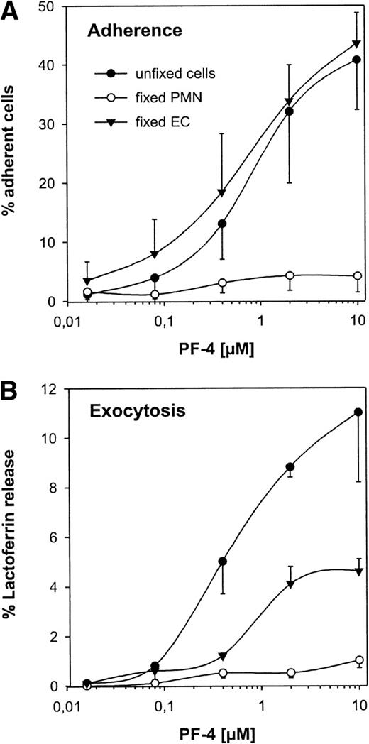 Fig. 4. Effect of paraformaldehyde fixation of cells on PF-4–mediated PMN adhesion and exocytosis. Either neutrophils (○) or EC (▾) were fixed with 3% paraformaldehyde before stimulation with increasing concentrations of PF-4 or both cell types were left unfixed (•). Adhesion and exocytosis were determined as described in the legend to Fig 1, except that with fixed PMN the number of adherent cells was determined by cell counting. Assay backgrounds (adhesion, from 6.1% to 9.9%; exoctosis, 0.2% to 2.0%, depending on the respective cell type fixed) were subtracted. Data are given as the mean ± SD of 3 independent experiments.