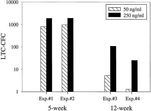 Fig. 5. Efficient expansion of ELTC-CFC requires very high concentrations of early acting cytokines. Fifty (LTC-IC assay) and 1,000 (ELTC-IC assay) human CD34+CD38−cells were cultured in SF-medium in the presence of KFM at low (50 ng/mL) and high (250 ng/mL) concentrations. After 12 days of stroma-free culture, expanded cells were transferred to irradiated stroma cocultures. After either 5 or 12 weeks, the number of CFC produced was evaluated in methylcellulose. Results are the means of triplicate wells per group from 4 separate experiments.
