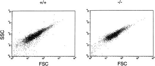 Fig. 4. Assessment of platelet size and shape using flow cytometric analysis of wild-type (+/+) and GPV-deficient (−/−) platelets. Washed platelets were fixed and analyzed by flow cytometry for light forward and side scatter. Shown is the analysis of 10,000 platelets for each group.