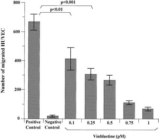 Fig. 3. Effect of VBL on chemotaxis of HUVEC. Cells (1.2 × 105) exposed for 24 hours to each VBL dose were seeded in the upper compartment of Boyden chambers, whereas the CM of NIH 3T3 cells was placed as the chemoattractant in the lower compartment. Nonexposed cells were used in the positive and negative controls. The latter were without the chemoattractant. Cells that had migrated to the lower surface of the filter separating the compartments after 6 hours were counted after coding the samples. Bars represent the mean ± 1 SD of the number of migrated cells in 5 to 8 400× fields of the filter per sample in 1 representative experiment out of 5. Significance by the Wilcoxon rank test.