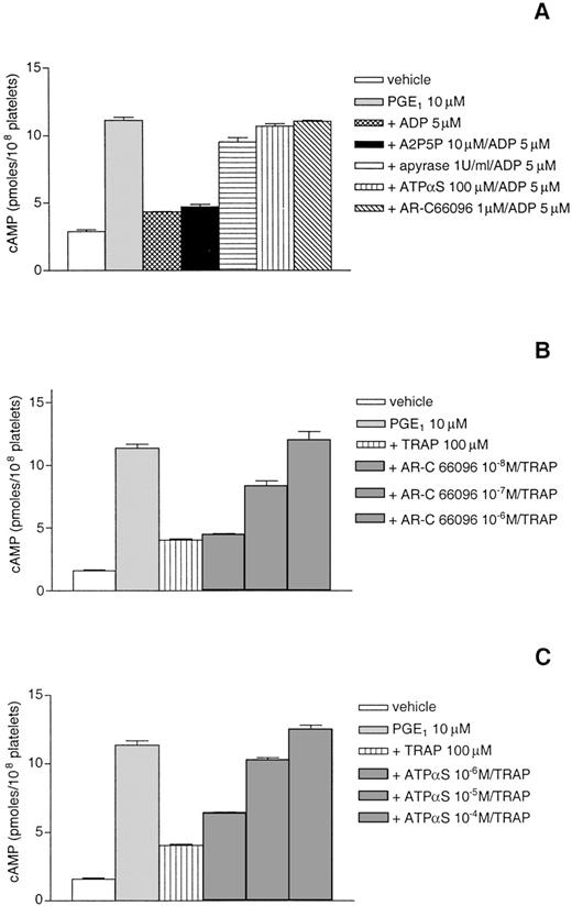 Fig. 5. TRAP-induced reversion of cAMP formation by PGE1 involves released ADP. The effects of apyrase and various ADP receptor antagonists on cAMP accumulation were measured in intact platelets stimulated by 5 μmol/L ADP (A). The effects of various concentrations of AR-C 66096 and ATPS on cAMP accumulation were measured in intact platelets stimulated by a high concentration of TRAP (100 μmol/L) (B) as described in Materials and Methods. Results are the means of triplicates ± SEM from 1 representative experiment of 3 independent experiments that gave very similar results.