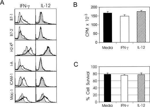 Fig. 6. In vitro effects of IFN-γ on AML cells. (A) AML cells were cultured at 2 × 106 cells/mL with either 100 U/mL rmIFN-γ or 10 ng/mL rmIL-12. Control AML cells were cultured in RPMI alone. After 48 hours, cells were harvested and stained as described in Materials and Methods. In all panels, solid histograms represent the expression of the indicated markers by AML cells cultured in RPMI alone. A total of 10,000 cells were analyzed by FACS for each sample. (B) AML cells were cultured at 4 × 105 cells/well in U-bottomed 96-well plates in the presence of 100 U/mL rmIFN-γ or 10 ng/mL rmIL-12. 3H thymidine (1 μCi/well) was added during the last 20 hours of culture. Results are representative of 2 independent experiments and are shown as the mean ± SD of 8 cultures. (C) AML cells were cultured as described in (A). After 48 hours, cells were harvested and their viability was assessed by trypan blue exclusion. Results are representative of 2 independent experiments and are shown as the mean ± SD of triplicate culture.