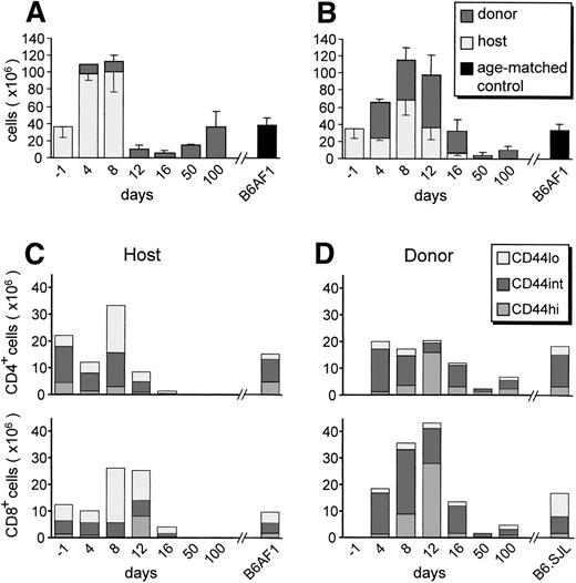 Fig. 1. Expansion and disappearance of postthymic T cells during the course of GVHD. A cell suspension containing 6 × 107B6.SJL T cells was injected into unirradiated B6AF1 recipients. Shown is a time course evaluation of the numbers of host- and donor-derived B cells (A) and T cells (B) found in the spleen of GVHD+recipients. CD44 phenotype of host (C) and donor (D) T cells found in the spleen of GVHD+ recipients. Three-color staining was performed using PE-labeled anti-CD19, anti-Thy1.2, or anti-CD44; Cy-chrome–labeled anti-CD4 or anti-CD8; and FITC-labeled anti-Ly5.1 or anti-Ly5.2. Results are presented as the mean ± SD in (A) and (B); for the sake of clarity, only the mean is shown in (C) and (D). There were three to four mice per group.