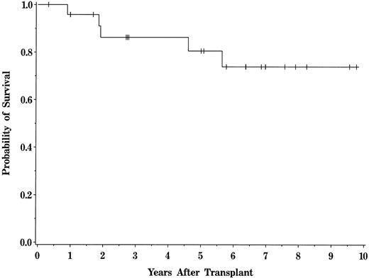 Fig. 4. Actuarial probability of survival for the entire patient population. Tick marks represent patients currently alive.