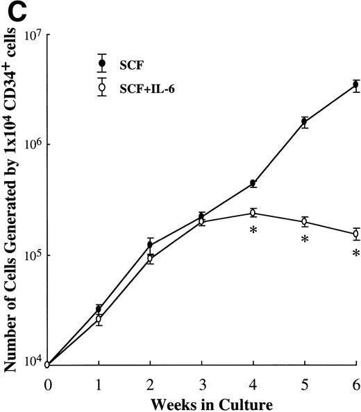 Fig. 5. Effects of IL-6 on SCF-dependent mast cell development. (A) Dose response to IL-6 or IL-4 of mast cell growth supported by SCF. Ten-week cultured mast cells (1 × 104) were incubated in wells containing either IL-6 at 0.01 to 100 ng/mL or IL-4 at 0.01 to 80 ng/mL with SCF at 100 ng/mL. After 2 weeks, the number of viable cells was determined. Significantly different from SCF alone (*P < .0005, **P < .0001). (B) Effects of IL-6 on the formation of mast cell colonies and clusters supported by SCF. Five thousand 10-week cultured mast cells were plated per dish containing serum-deprived methylcellulose culture medium supplemented with SCF or SCF+IL-6. After 14 days, aggregates consisting of 30 or more cells were scored as mast cell colonies and those of 10 to 29 cells were scored as mast cell clusters. SCF, 100 ng/mL; IL-6, 50 ng/mL. Numbers of mast cell colonies (▪) and mast cell clusters (▩). Results shown are the mean ± SD of three experiments. Significantly different from SCF alone (*P < .0001). (C) Effects of IL-6 on the cell growth by CD34+ cord blood cells under stimulation with SCF. CD34+ cord blood cells (1 × 104) were cultured with 10 ng/mL of SCF or 10 ng/mL of SCF + 50 ng/mL of IL-6. The number of viable cells was determined every week. Significantly different from SCF alone (*P < .0001).
