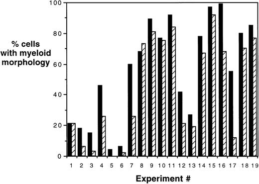 Fig. 5. Morphologic analysis of HOXA5 and control cultures. Percentages of cells of myeloid and erythroid lineage were determined morphologically using cytospin preparations of cultures. In 17 of total of 19 experiments, HOXA5-transduced cultures contained a higher frequency of myeloid cells than control cultures (P = .0001). (▪) HOX A5; (▨) control.