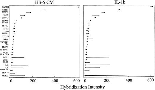 Fig. 8. Transcriptional profiles of HS-27a cells in response to HS-5 CM or IL-1β. RNA isolated from untreated HS-27a cells or cells treated with 1× HS-5 CM or 2 ng/mL IL-1β for 4 days was hybridized to an oligonucleotide array chip that quantitatively monitors the expression of 250 genes of interest in hematopoiesis and immunology. Genes showing a detectable expression level are plotted. Dots represent expression level in the untreated cells, and a line is drawn to the expression level after cell treatment. Dots without lines represent genes whose expression level did not change in response to cell treatment. Lines in bold indicate genes whose expression levels significantly increased (lines to the right of the dots) or decreased (lines to the left of the dots) as determined by an algorithm that makes a call based on several statistical criteria.35 In addition to the genes plotted, MIP-1, CD44, SAA, LMP2, and LMP7B were only detected after IL-1β treatment and N-CADHERIN and ICAM-1 were detected only after treatment with HS-5 CM.