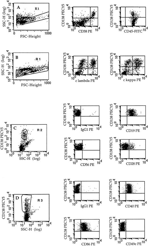 Fig. 1. Phenotype of plasma cells from RPs. The phenotype of plasma cells was determined in triple staining with anti-CD138-PECY5, anti-CD45-FITC, and the PE-conjugated MoAb indicated. Acquisition was performed on all cells (dot-plots A and B) or on CD138+gated cells (dot-plots C and D). Fluorescence analysis was performed on gated cells (R1 or R2 or R3), as indicated in each dot-plot. Dot-plots: A, RP4; B, RP1; C, RP4; D, RP7.