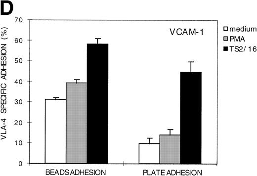 Fig. 1. LFA-1– and VLA-4–mediated adhesion of PBL from a healthy donor both measured with the fluorescent beads and the plate adhesion assay. Binding of ICAM-1–coated fluorescent beads by PBL after stimulation with PMA (A) and in the presence of anti–LFA-1 blocking antibody NKI-L15 (B). (C and D) Comparison of the adhesion as measured with both assays. Adhesion was measured without any stimulus and after stimulation with PMA or an activating anti-β2 (KIM185) or anti-β1 (TS2/16) MoAb. The specificity was determined by measuring adhesion in the presence of blocking anti–LFA-1 (NKI-L15) or anti–VLA-4 (HP2/1) MoAb.