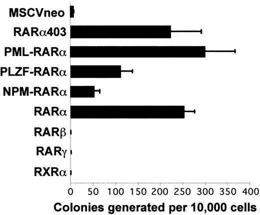 Fig. 3. RAR and RAR403 and RAR-fusion genes induce the proliferation in vitro of primary myeloid progenitors. Each bar represents the number of colonies per 10,000 input cells in a third passage of methylcellulose culture (mean of 4 to 9 independent experiments ± SEM)