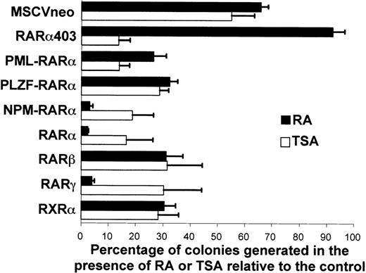 Fig. 6. Effect of RA and TSA on the clonal proliferation of primary myeloid progenitors transduced with RAR, RAR403, RARβ, RARγ, RXR, or RAR-fusion genes. The number of primary colonies formed in the presence of RA (▪) or TSA (□) is represented as a percentage of the numbers of colonies formed in the absence of both RA or TSA (mean of 3 experiments ± SEM).