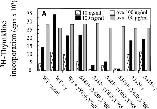 Fig. 3. Antigen presentation by hFcγRIa-transfected IIA1.6 cells. (A) Cells were incubated with rabbit IgG-ovalbumin complexes (10 or 100 ng/mL) or OVA alone (100 ng/mL or 100 μg/mL) for 6 hours, washed, and incubated with ovalbumin-specific T cells for 16 hours at 37°C. IL-2 released by T cells was determined by CTLL proliferation assays. Data represent means of duplicate determinations in 1 representative experiment of 8. (B) Antigen presentation observed in 8 individual experiments was compared by calculating antigen presentation indices (API). API were defined by dividing cpm of incorporated3H-thymidine obtained in the presence of complexes by background cpm (obtained in the absence of complexes). Error bars represent standard errors of the mean.