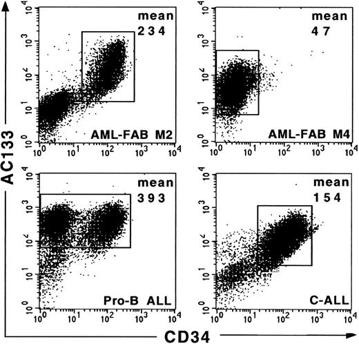 Fig. 1. Coexpression of AC133 antigen and CD34 on leukemic blasts. Representative AML and ALL blasts were stained with anti-CD34-FITC (horizontal axis) and AC133-PE (vertical axis) and analyzed on a FACSCalibur flow cytometer. The mean fluorescence intensity values are derived from the populations gated on AC133+ cells.