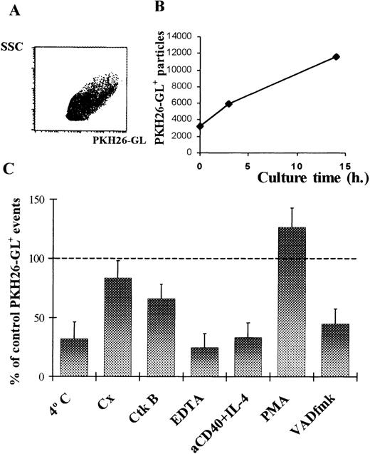 Fig. 5. Kinetics of and requirements for the generation of vesicles derived from cultured GC B cells. GC B cells were stained with PKH26-GL, cultured for 2 hours, and the cell-free SN was analyzed by flow cytometry. (A) A dot plot of SS versus FL2 parameters was used to define GC B-cell–derived membranous particles. (B) The count of PKH26-GL+ particles detected in the SN obtained for indicated times was recorded. Results of one experiment representative of three are shown. (C) PKH26-GL–stained GC B cells were cultured for 12 hours at 4°C and at 37°C in the absence (control culture) and in the presence of cycloheximide (Cx, 10 μg/mL), cytochalasin B (CkB, 5 μg/mL), EDTA (1 nmol/L), anti-CD40 MoAb (1 μg/mL) + IL-4 (2 ng/mL), PMA (10 ng/mL), and VAD-fmk (200 μmol/L). Values of the counts of PKH26-GL+ particles were recorded and expressed as percentages of the control figures. Results represent the mean ± SEM of four experiments.
