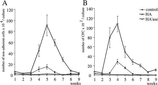 Fig. 10. Influence of HA and HA’ase on myeloid LTBMC from CD44 knock-out mice. Myeloid LTBMC from CD44-deficient mice were untreated or treated with HA or HA’ase as described in the legends to Figs 1 and3. The number of nonadherent cells (A) and hematopoietic progenitors (B) were measured once per week. SE was calculated from results obtained from 3 independent wells.