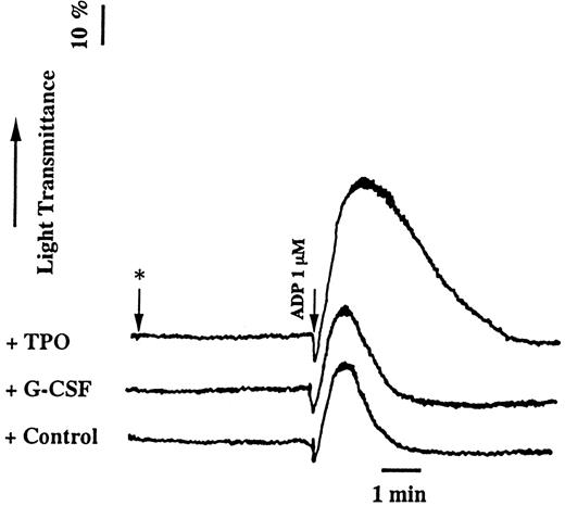 Fig. 5. hTPO and hG-CSF were diluted in autologous platelet-poor plasma (PPP, final concentration 10 μg/mL). PRP from Tg mice was diluted with PPP to adjust the platelet concentration at 2.0 × 108/mL. hTPO or hG-CSF was added 5 minutes before adding ADP (1 mmol/L).