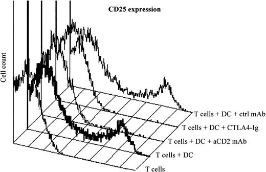 Fig. 4. Activation of clonal T cells by DC during cocultures is associated with upregulation of IL-2R- (CD25) expression. Purified CD3−CD4+ cells from patient 1 were cultured alone or with mature autologous irradiated DC in the absence or in the presence of CTLA4-Ig (10 μg/mL), blocking MoAb against CD2 (10 μg/mL) or corresponding isotypic controls at a DC:T cell ratio of 1:30. Cells were harvested after 5 days and stained with fluoro-conjugated MoAbs against CD3, CD4, and CD25. Flow cytometric analysis of surface expression of CD25 is shown on at least 10,000 viable cells after gating on CD3−CD4+lymphocytes. Data from one of two experiments with similar results for each condition are shown.