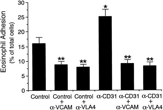 Fig. 4. Effect of anti–VCAM-1 and anti–VLA-4 antibodies on endothelial CD31-induced enhancement of eosinophil adhesion to IL-4–stimulated vascular endothelial cells. IL-4–stimulated HUVECs were preincubated with anti-CD31 MoAb or control mouse IgG (10 μg/mL each) for 10 minutes at 37°C. After washing HUVECs, the adhesion assay of 51Cr-labeled eosinophils to HUVECs was performed in the presence or absence of anti–VCAM-1 MoAb or anti–VLA-4 MoAb (10 μg/mL each). Data are the means ± SD for 5 experiments. *Significantly different from the mean value of the control response (*P < .001). **Significantly different from the mean value of the corresponding control response (**P < .001).