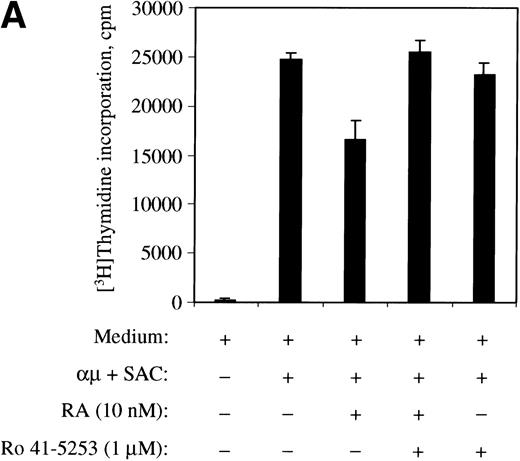 Fig. 10. The RAR-selective antagonist Ro 41-5253 blocks the effects of retinoic acid. (A) The effect of Ro 41-5253 on DNA synthesis was measured as described in Materials and Methods, using Ro 41-5253 at a concentration of 1 μmol/L, and retinoic acid at the concentration of 10 nmol/L. (B) B cells (1.5 × 106/mL) were stimulated with μ (37 μg/mL) and SAC (0.005%) for 32 hours in the absence or presence of retinoic acid (10 nmol/L). For Ro 41-5253 treatment of the cells, Ro 41-5253 (0.5 or 1 μmol/L) was added to the cell cultures alone or together with retinoic acid and the cells were harvested at 32 hours. Total cell lysates were prepared and subjected to Western blot analysis for pRB as described in Material and Methods. (C) Ro 41-5253 (1 μmol/L) was added to the cell cultures alone or together with retinoic acid (10 nmol/L) at the indicated times before harvesting the cells at 32 hours. Total cell lysates were prepared and subjected to Western blot analysis for p21Cip1. μ, F(ab′)2 fragment of rabbit antihuman IgM; SAC,Staphylococcus aureus crude cell suspension.