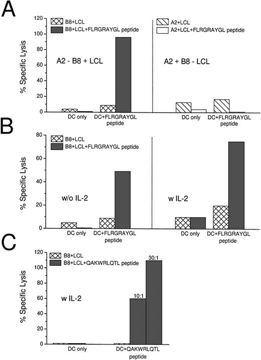 Fig. 1. Induction of EBV-specific CTLs with peptide-pulsed DCs. (A) Peptide (FLRGRAYGL)-pulsed DCs induce HLA class I-restricted lysis of peptide-pulsed B8+ LCLs after 7 days of coculture. The CTLs did not lyse unpulsed HLA-matched LCL or peptide-pulsed B8− LCL. The effector:target ratio was 20:1. (B) When the induction of CTL was relatively low, the response could be enhanced through the addition of IL-2 (with 50 IU/mL) on day 3 of the 7-day culture. (C) QAKWRLQTL-pulsed DCs induce HLA class I-restricted lysis of peptide-pulsed B8+ LCLs after 14 days of coculture. The culture was restimulated with peptide pulsed DCs on day 7 and IL-2 was added on days 1 and 7. Two effector:target ratios are shown (10:1 and 30:1).