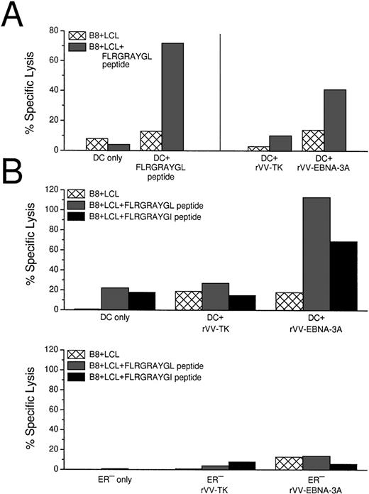 Fig. 5. CTL induction with peptide-pulsed and live rVV-infected DCs. (A) Comparison of EBNA-3A peptide-pulsed DCs with rVV-infected DCs. Live rVV-TK− was used as negative control. (B) Comparion of monocytes and DCs as APCs in eliciting EBNA-3A–specific CTL responses in a 7-day culture assay. The top panel shows that rVV-EBNA-3A–infected DCs (DC:T cell ratio 1:30) stimulate T cells that recognize FLRGRAYGL- and FLRGRAYGI-pulsed HLA B8+ B-LCLs. The lower panel from the same experiment shows that rVV-EBNA-3A–infected monocytes (ER−:T-cell ratio 1:2) are unable to stimulate T cells that recognize FLRGRAYGL- or FLRGRAYGI-pulsed HLA B8+ B-LCLs. (C) Comparison of EBNA-3A peptide-pulsed DCs with PLWUV, rVV-EBNA-3A–infected DCs; PLWUV rVV-TK− was used as a negative control. (D) Comparison of live versus PLWUV rVV-EBNA-3A–infected DCs. (E) Comparison of DCs infected with live influenza A or with live or PLWUV rVV-influenza-matrix in eliciting responses to the immunodominant matrix peptide for HLA-A2.1. In all of the experiments, the DC:T-cell ratio was 1:30, the effector T-cell:target cell ratio was 1:20, and no IL-2 was used.