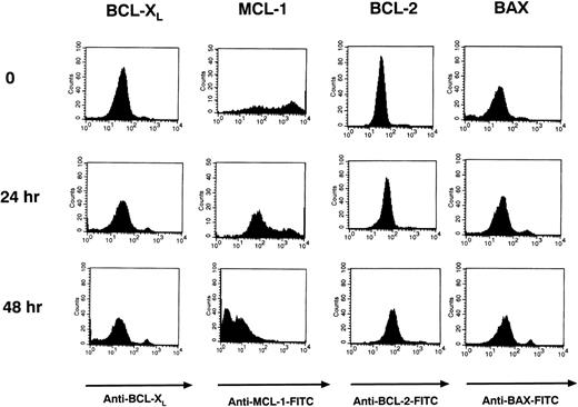 Fig. 9. Bcl-xL and Mcl-1 levels are downregulated in Ramos cells after CD22 ligation. Ramos B cells were stimulated with 20 μg/mL of HB22.33 for 0, 24, and 48 hours. Cells were assessed for Bcl-2, Bcl-xL, Mcl-1, and Bax levels via intracytoplasmic FACS. Only nonapoptotic cells were assessed by gating out PI staining cells.