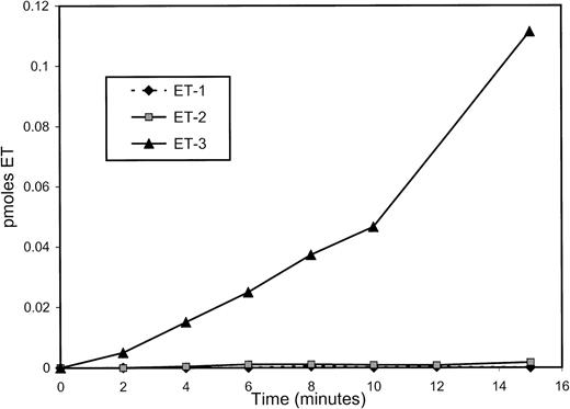Fig. 8. Time course of incubation. Big ET-1, big ET-2, or big ET-3 was incubated with wild-type s-Kell and endothelins measured by EIA. The box in the figure includes a legend.
