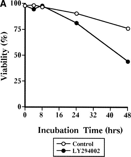 Fig. 2. Time-course study of the effect of LY294002 on the proliferation and survival of erythroid progenitor cells. Day 8 cells that contained 69% ± 4% erythroid progenitor cells were suspended at a concentration of 5 × 105/mL in 1.0 mL serum-free medium supplemented with 2 U/mL EPO with (•) or without (○) 50 μmol/L LY294002. After incubation and at the indicated periods, the cells were collected, washed twice in IMDM containing 0.3% BSA, and then plated into serum-containing fibrin clots with 2 U/mL EPO. After 7 days of incubation, the clots were fixed and stained with benzidine-hematoxylin. (A) Viability; (B) absolute number of viable cells; (C) percent expression for the number of erythroid colonies in relation to the value of 0 hours as 100%. The mean ± SD of triplicates is shown for C. +++P < .001, decrease v control (○); ***P < .001, decreasev 0 hours; #P < .05,###P < .001, increase v 0 hours.