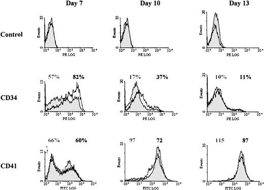 Fig. 5. Effect of the MEK inhibitor on CD34 and CD41 cell surface expression. Representative histograms from 1 of at least 4 experiments performed with blood from different donors are shown for each marker. Cells from control cultures (filled histograms) or cultures containing 6 μmol/L PD98059 (open histograms) were harvested at the indicated days and stained separately with either anti-CD34 antibody coupled to R-PE or anti-CD41 antibody coupled to FITC. In some experiments, labeling was performed with FITC-anti-CD34 and R-PE-anti-CD41 antibodies and similar results were obtained. For each marker, the percentage of positive cells (or the MFI for CD41 at days 10 and 13) are indicated: gray labeling, controls; black labeling, PD98059-treated samples.